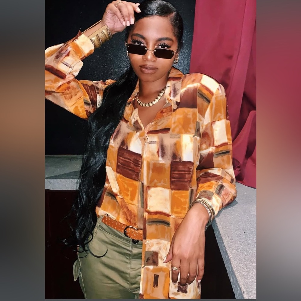 Women's Abstract Patchwork Button-Up Shirt - Brow… - image 1